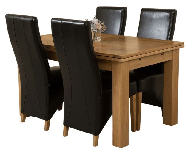 Richmond 140-220cm Oak Extending Dining Table and 4 Lola Leather Chairs Black Black