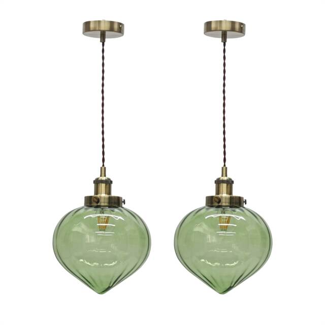 Set of 2 Layla - Green and Antique Brass Ceiling Pendant Lights