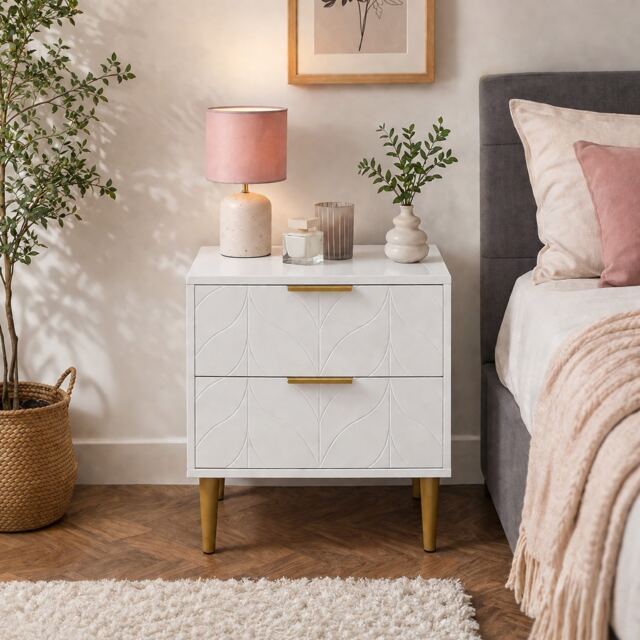 Modern White Bedside Table with 2 Drawers - Bedside Cabinet H53 x W50 x D40 cm, Bed Side Table for Bedroom & Living Room