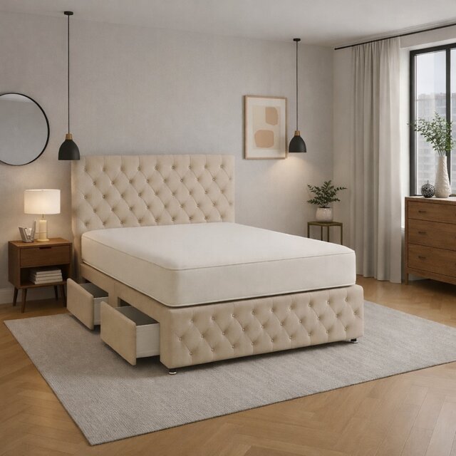 Chesterfield 4ft small double coffee plush divan bed set with mattress 4 Drawers