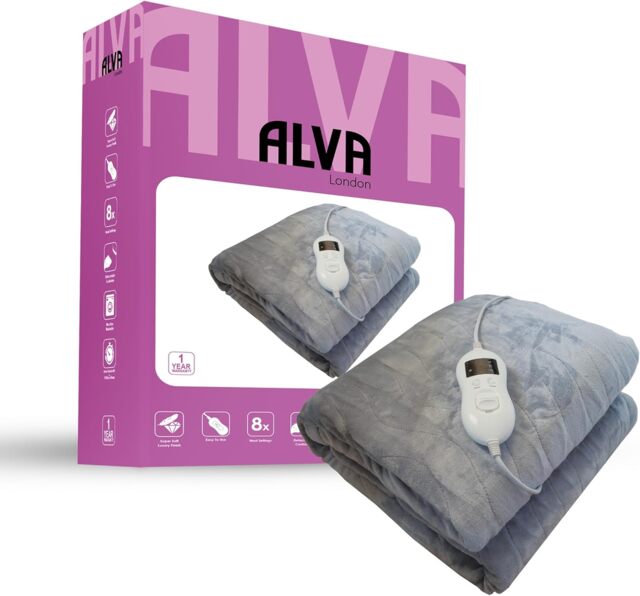 Alva London - Electric Heated Overblanket - 160 x 120cm - Super Soft Flannel Fleece Grey Grey