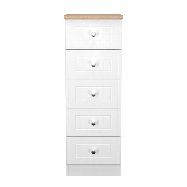 Cambridge 5 Drawer Tall Bedside Cabinet in Porcelain Ash & Bardolino Oak (Ready Assembled) White Porcelain Ash & Bardolino Oak