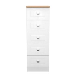 Cambridge 5 Drawer Tall Bedside Cabinet in Porcelain Ash & Bardolino Oak (Ready Assembled) White Porcelain Ash & Bardolino Oak