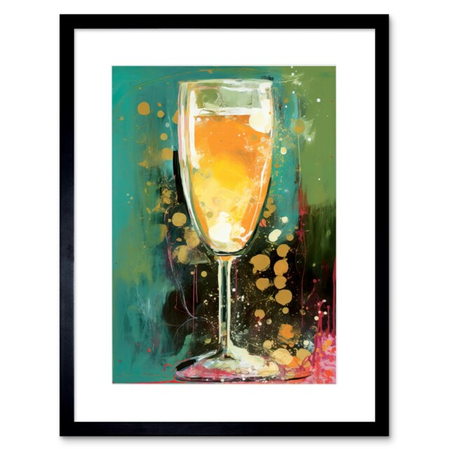 "Bubbly Champagne Sparkling Wine Glass Celebration 9x7"" Black Framed Wall Art Print"