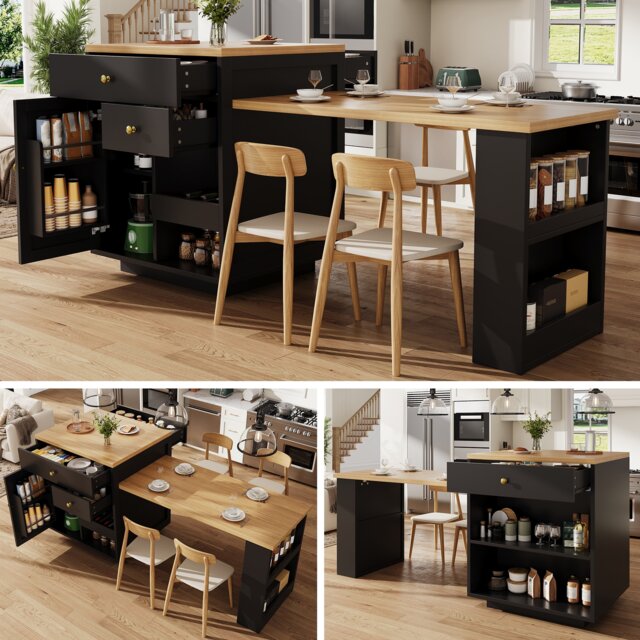 VILUXE 122.5-195.5 cm Extendable Kitchen Island and Bar Table with Drawers, Wine Rack, Cabinet Storage and Side Shelves, Black