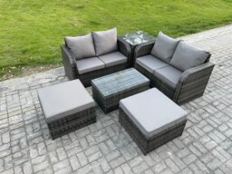 Fimous 6 Seater Garden Furniture Set Rattan Outdoor Lounge Sofa Chair With Tempered Glass Table 32 Big Footstools Side Table Dark Grey Mixed