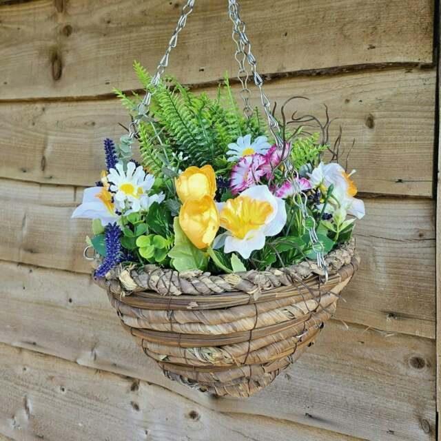 Best Artificial White Mixed Meadow Flower Display in 10 inch Woven Decorative Hanging Basket (Fern Centre)