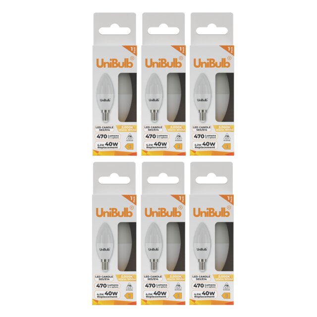 UniBulb LED Candle E14 Small Edison Screw (SES) 470lm 4.2W (Replaces 40W) 3000K (Warm White) Light Bulb - Pack of 6