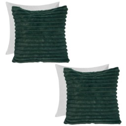 OHS 2 x Faux Fur Matte Velvet Fleece Thick Ribbed Filled Cushions, 45x45cm - Green