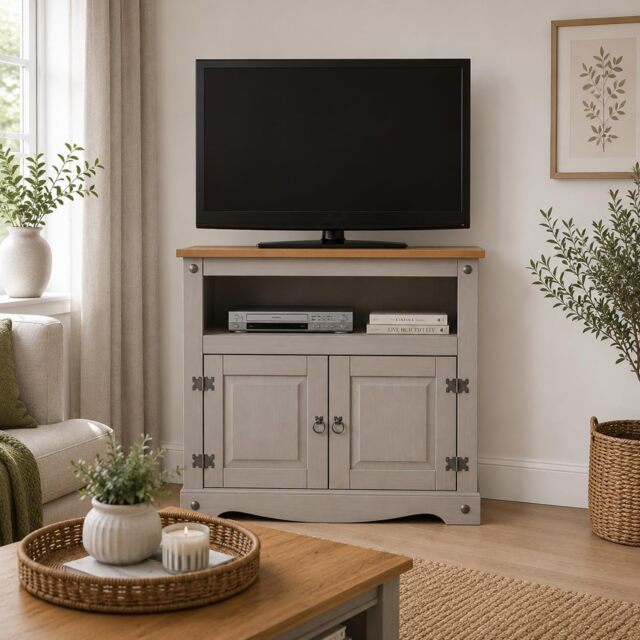 Corona TV Stand Corner Grey Pine 2 Door Television Cabinet Solid Wood