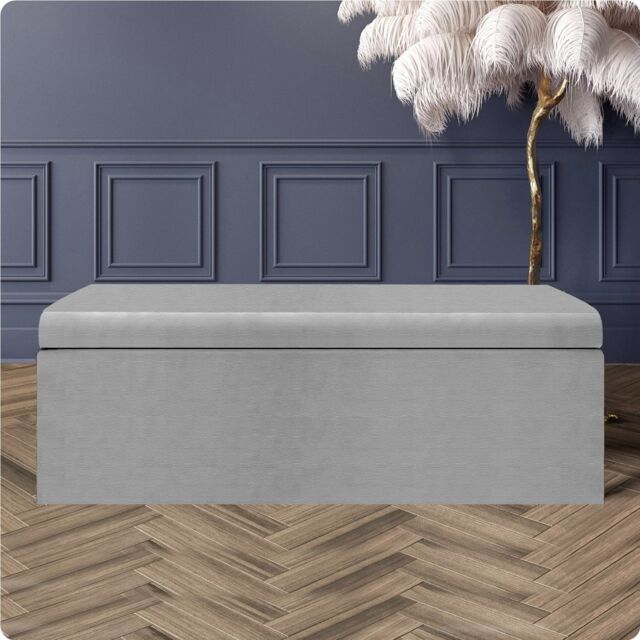 180cm Large Plain Safar Storage Ottoman Box, Silver Naples Upholstered Deep Storage Ottoman End of Bed Bench