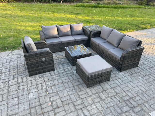 Fimous Outdoor Rattan Garden Furniture Set Conservatory Patio Sofa Coffee Table With Reclining Chair Big Footstool Side Table Dark Grey Mixed