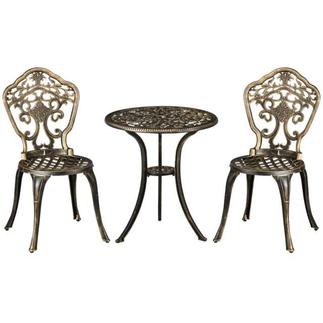 Outsunny 3 PCs Cast Aluminium Bistro Set w/ Parasol Hole for Balcony, Brown Bronze