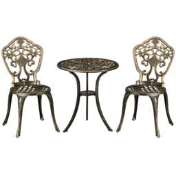 Outsunny 3 PCs Cast Aluminium Bistro Set w/ Parasol Hole for Balcony, Brown Bronze