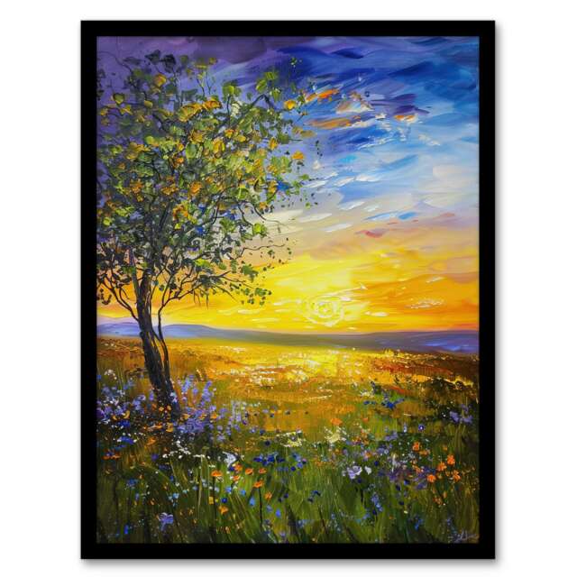 Tree Wildflower Meadow At Sunset Oil Living Room Black Framed Wall Art Print A4