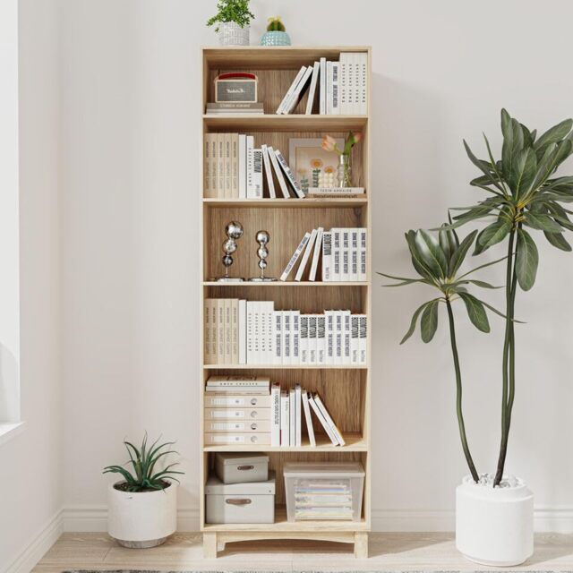 Wide Shelf Tier Wooden Bookcase Shelving Modern Open Display Storage Cabinet Multi Oak 6 Tier 1