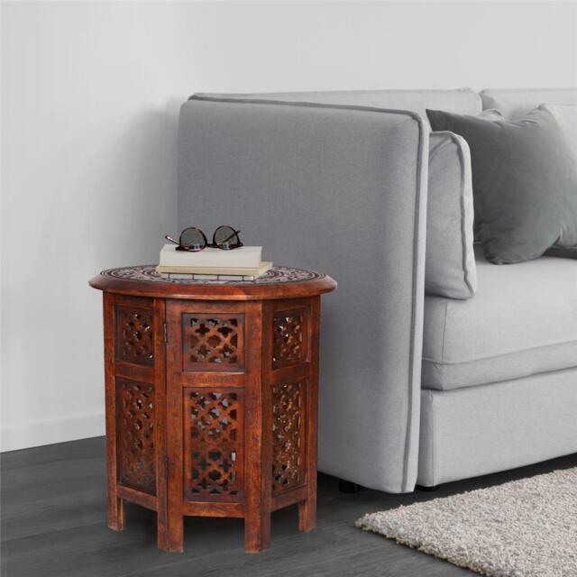 Antique Effect Round Carved Wooden Bedside Lamp Table Side End Coffee Table Large 45 x 45 x 45 cm