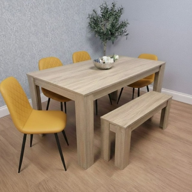Wooden Dining Table Set for 6 Oak Effect Table With 4 Mustard Gem Patterned Chairs and 1 Bench