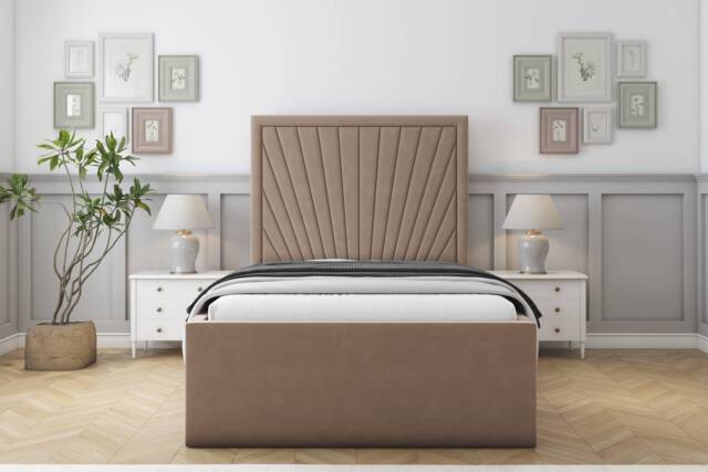 "Sloomy Somerset Mink Plush Bed Frame With Mattress With 50"" Upholstered Headboard 4'6 Double"