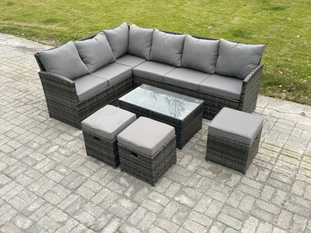 Fimous Rattan Lounge Corner Sofa Set Wicker PE Outdoor Garden Furniture Set with Rectangular Coffee Table 3 Small Footstools Dark Grey Mixed