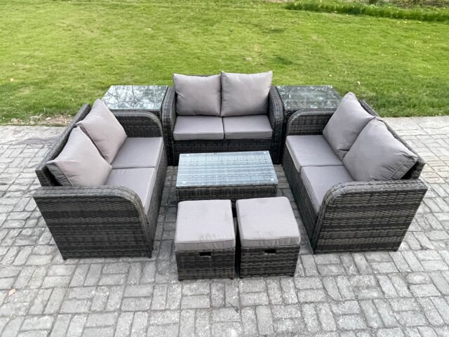 Fimous Wicker PE Rattan Garden Furniture Set 8 Seater Outdoor Lounge Sofa Set with Love Sofa Coffee Table 2 Side Tables 2 Small Footstools Dark Grey Mixed