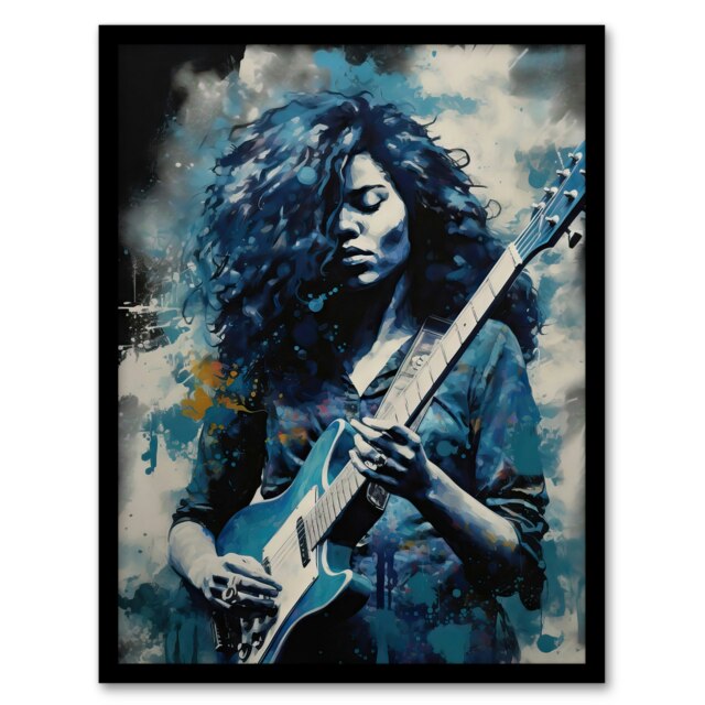 Woman Playing Electric Guitar Acrylic Female Black Framed Wall Art Print A4