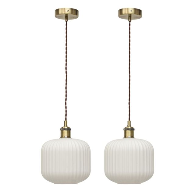 Set of 2 Bento - White Ribbed Glass Antique Brass Retro Pendants