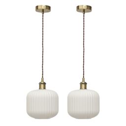 Set of 2 Bento - White Ribbed Glass Antique Brass Retro Pendants