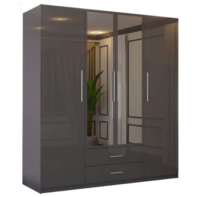 Sliding Wardrobes 4U High Gloss Wardrobe Range with Mirror and Silver Handles - 2 3 or 4 Door Sizes White Black or Grey Finish Grey Grey 160cm