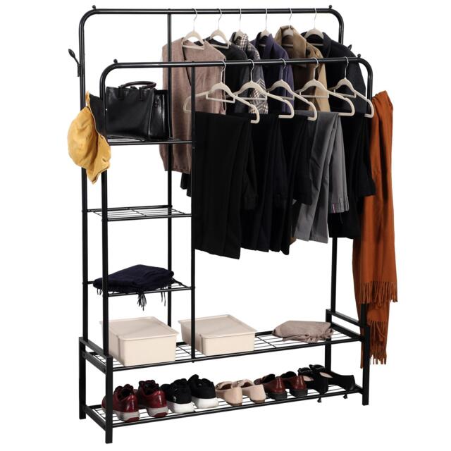 House of Home Double Clothes Rail Heavy Duty Freestanding with 2 Shoe Racks 3 Shelves 4 Hooks