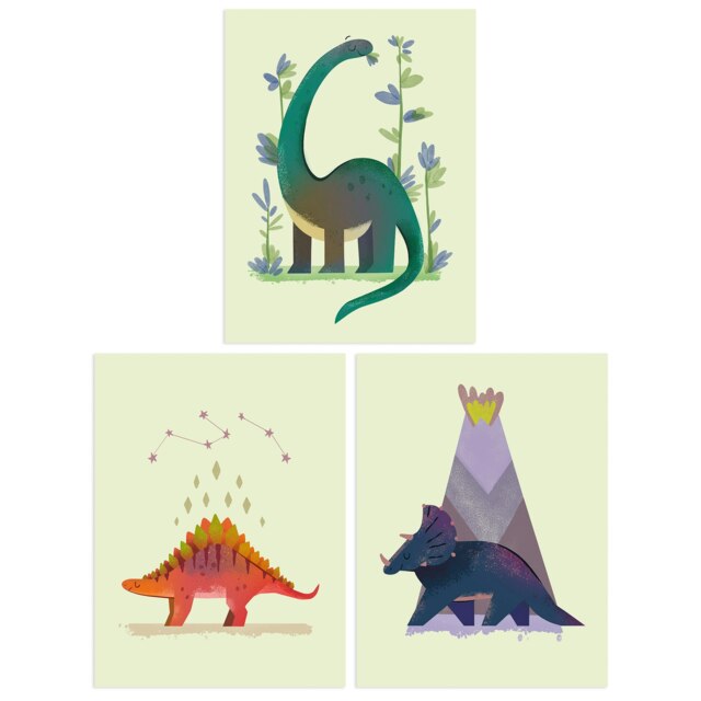Set of 3 Kids Bedroom Dinosaurs Stegosaurus Apatosaurus Triceratops Pastel Colour Boy Girl Wall Art Prints 12x16 Inch