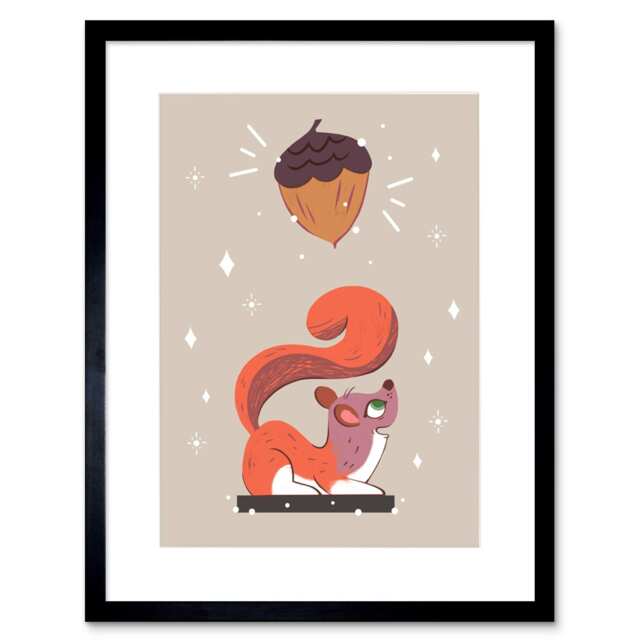 "Cute Red Squirrel Acorn Dream Cartoon Kids Bedroom 9x7"" Black Framed Wall Art Print"