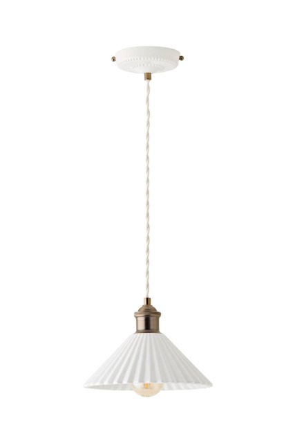 ValueLights Burford White Ceramic Ribbed Ceiling Pendant Light & Bulb