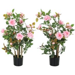 HOMCOM Artificial Rose Tree Set of 2 with 344 Silk Leaves & 17 Flowers Black Pink One Size