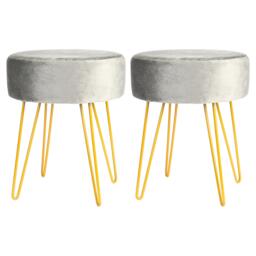 Harbour Housewares 2x Velvet Footstools - Round Modern Dressing Table Footstool Vanity Seat Chairs - 40 x 35cm - Grey/Gold Grey Grey/Gold Pack of 2 2
