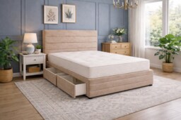 Divan Bed Set Headboard and Footboard with Mattress 5ft Kingsize Beige Suede Storage No Drawers