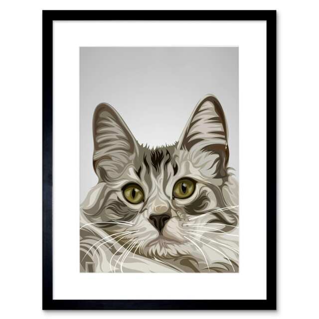 "Grey Pet Portrait Fluffy Cat Lover Gift 9x7"" Black Framed Wall Art Print"