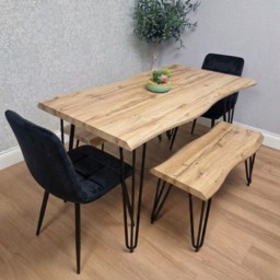 Brown Wooden Dining Table with 2 Black Chairs and 2 Benches - Dining Kitchen Room Furniture