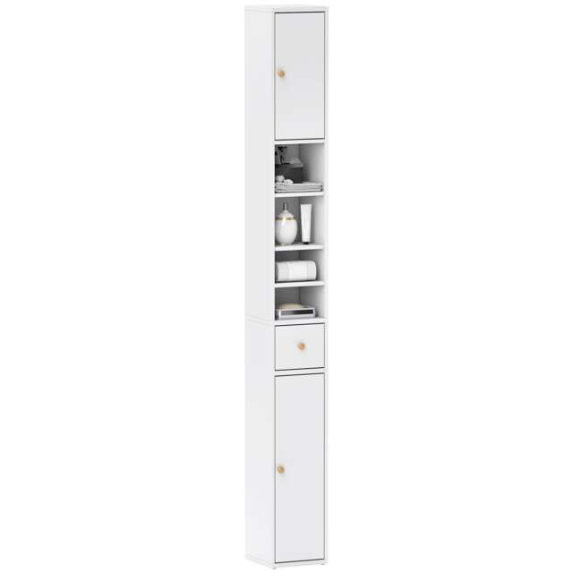 HOMCOM Tall Bathroom Cabinet, Slim Bathroom Storage Cabinet with Drawer, Adjustable Shelves and Open Compartment, 20 x 20 x 178 cm, White