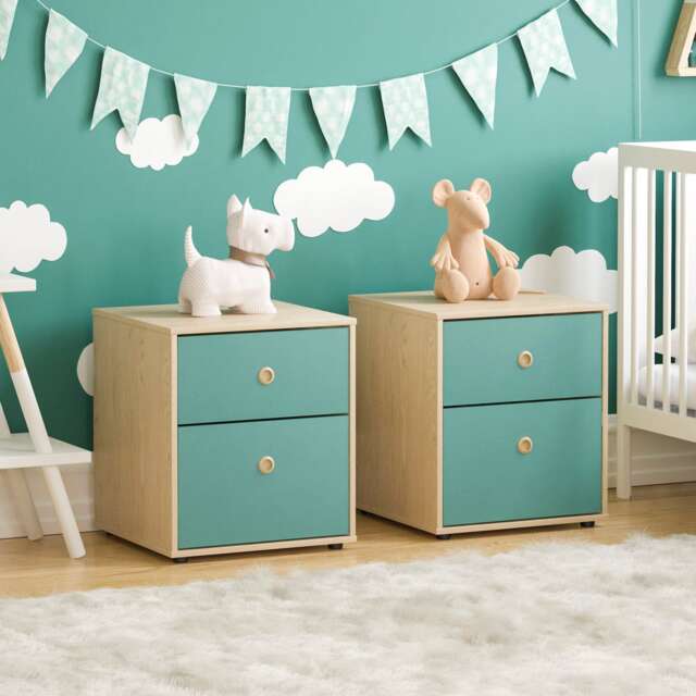 Junior Vida Neptune 2 Drawer Bedside Table, Blue & Oak - Set of 2