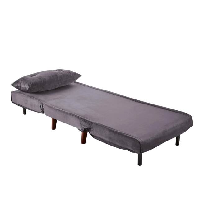 Single Sofa Bed Folding Chair Velvet Wooden Legs One Pillow Grey One Size