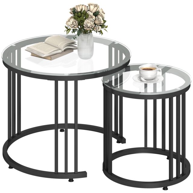 HOMCOM 2 Pieces Round Nesting Coffee Tables with Tempered Glass Top, Black Black Black