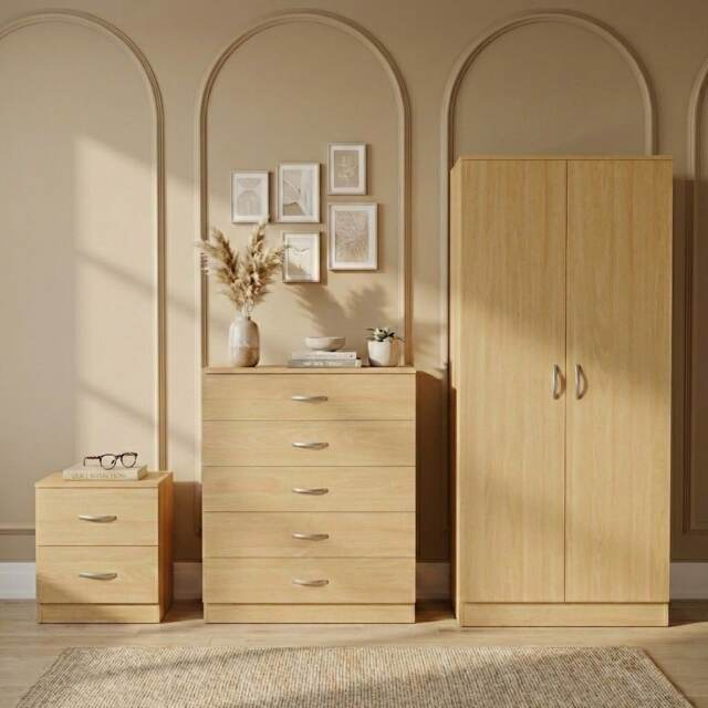 Vida Designs Riano 3 Piece Bedroom Set (2 Drawer Bedside Chest, 5 Drawer Chest, 2 Door Wardrobe) - Pine