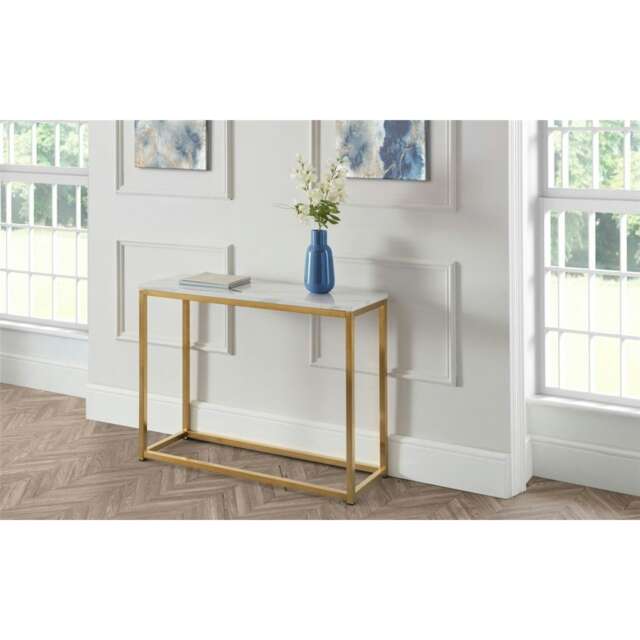 White Marble Top Console Table with Gold Framing White White