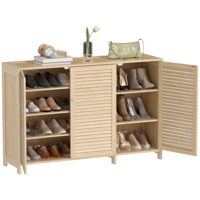 HOMCOM Bamboo Shoe Cabinet with Louvered Doors 18 Pairs Shoe Storage Cabinet Brown Natural wood finish 120 x 35 x 80 cm