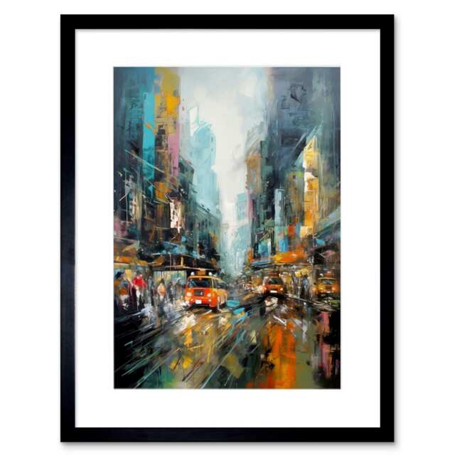"New York City Rainy Day Abstract Action Cityscape 9x7"" Black Framed Wall Art Print"