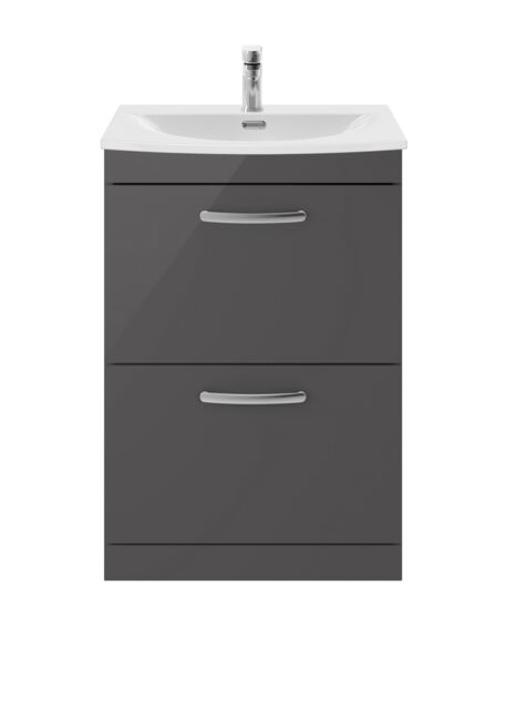 Balterley Millwich Contemporary 2 Drawer Floor Standing Vanity Unit with Curved Basin, Gloss Grey, 600mm