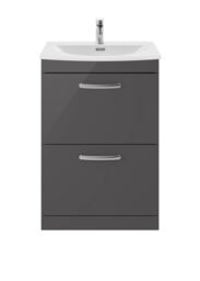 Balterley Millwich Contemporary 2 Drawer Floor Standing Vanity Unit with Curved Basin, Gloss Grey, 600mm