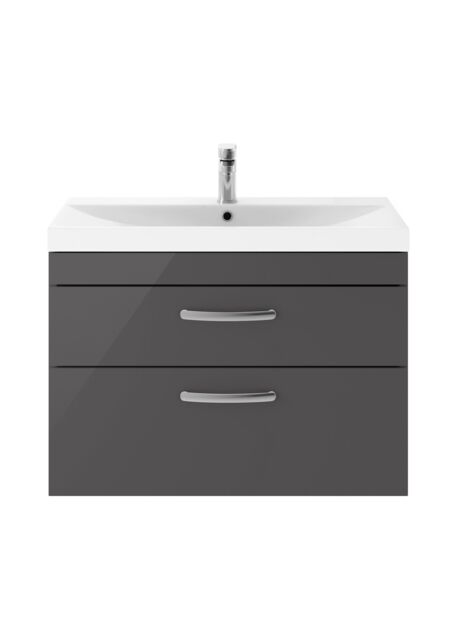 Balterley Millwich Contemporary 2 Drawer Wall Hung Vanity Unit with Thin Edge Basin, Gloss Grey, 800mm