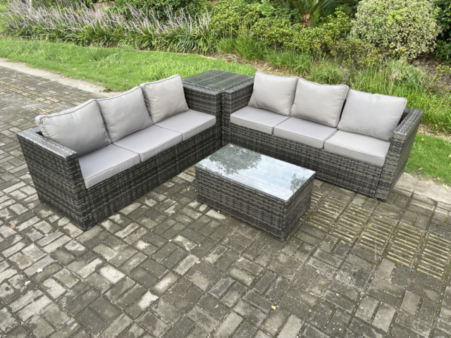 Fimous 6 Seater Rattan Garden Furniture Set Outdoor Patio Sofa Set with Oblong Coffee Table Side Table Dark Grey Mixed